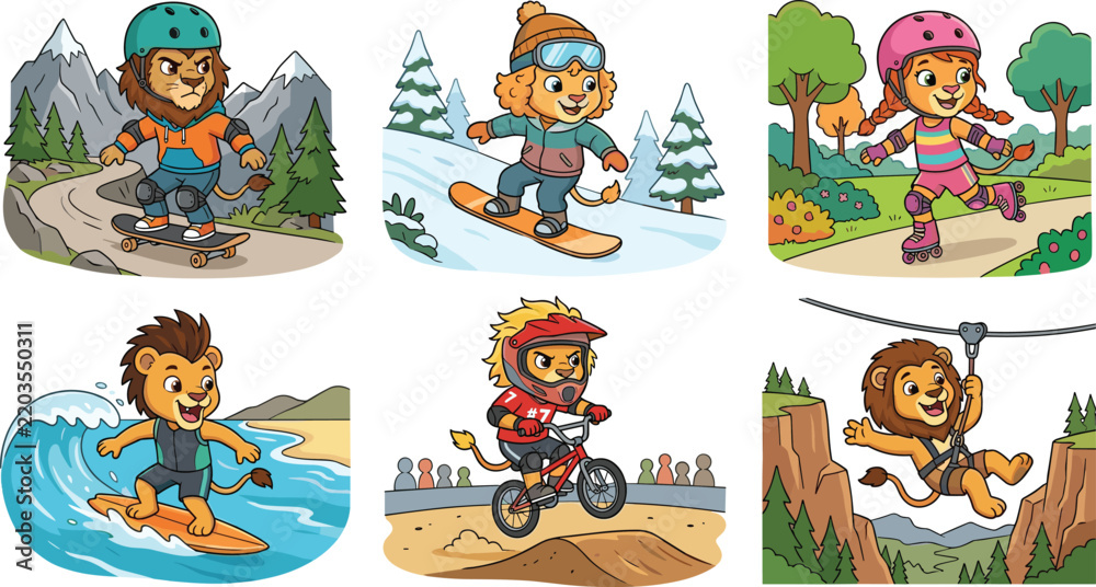 Obraz premium Cute Cartoon Lion Adventure Sports Collection with Outdoor Action and Extreme Activity Illustrations
