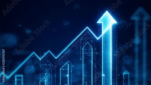Blue digital rising graph with upward arrows during a tech financial growth concept with a dark background