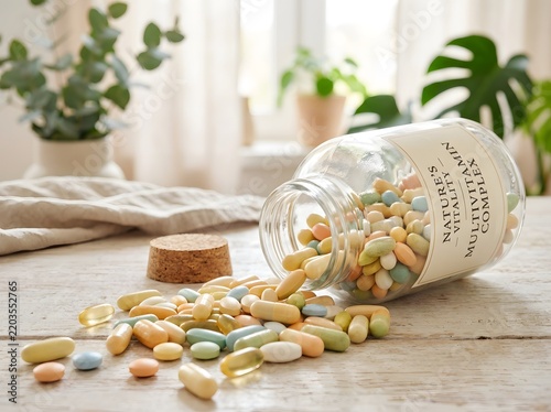 Multivitamin complex glass jar with colorful supplement capsules spilling on a wooden table.