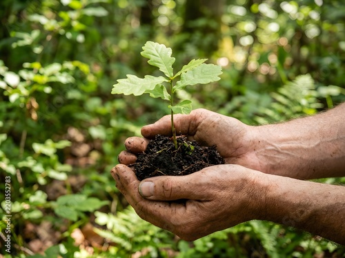 Hands holding a young oak tree seedling with rich soil for a reforestation concept.