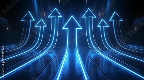 Blue Neon Arrows Ascending Through Dark Futuristic Tunnel Concept for Growth and Success
