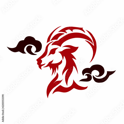 Red tribal mountain goat head illustration with stylized clouds in traditional Asian art style