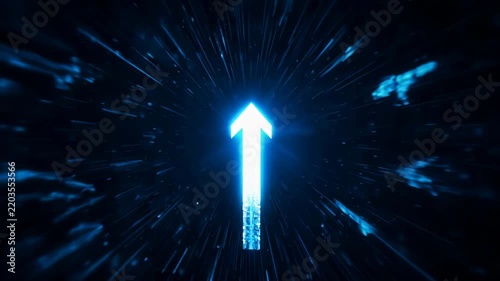 Blue neon arrow advancing through abstract digital tunnel with light streaks during futuristic motion