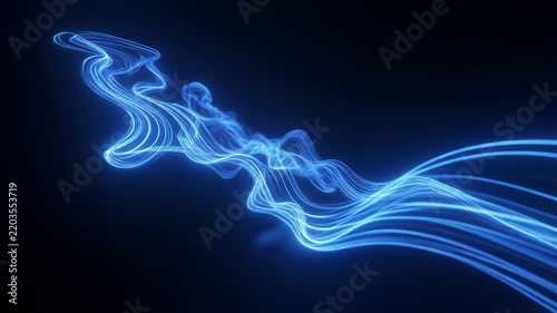 Blue neon light streaks flowing dynamically in dark space abstract motion background