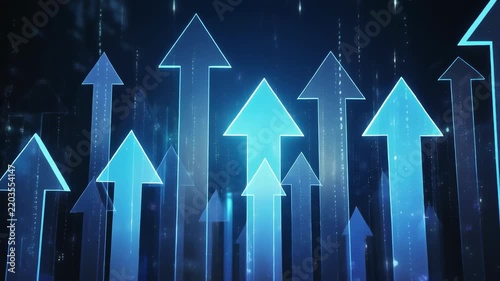 Blue upward arrows ascending digitally against a dark textured background signifying growth and success