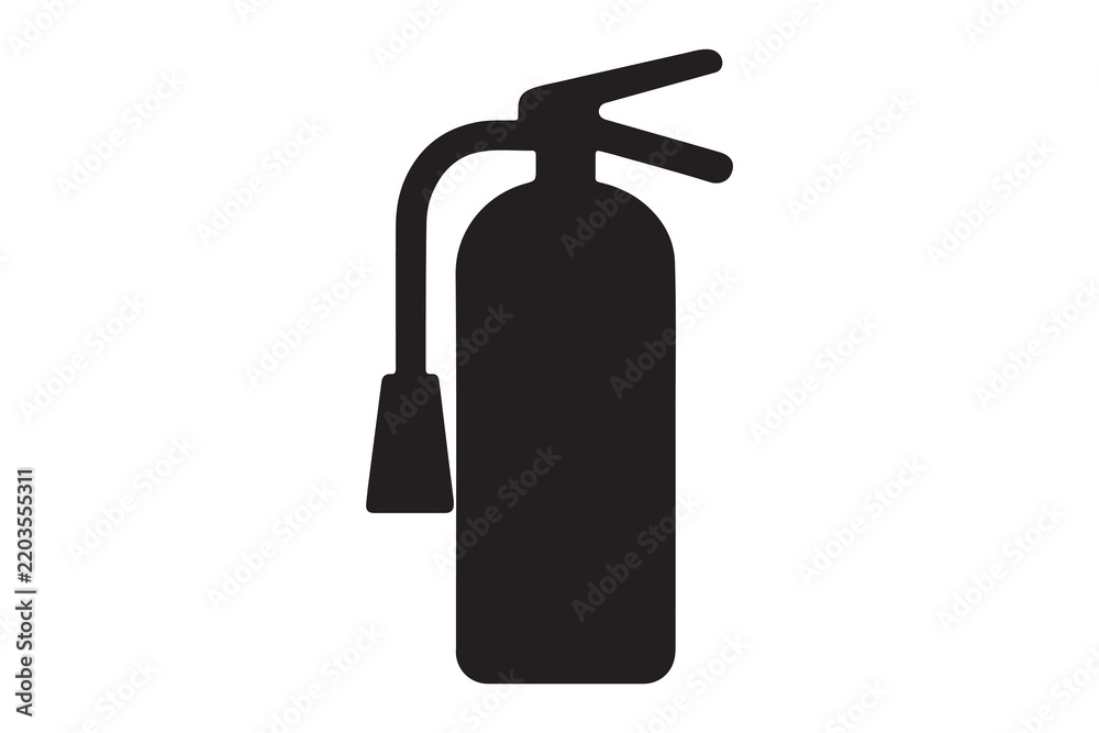 Obraz premium Black silhouette of a standard fire extinguisher with hose and handle isolated on clean background