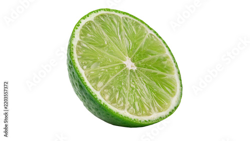 Single fresh half cut round green lime fruit isolated on transparent background