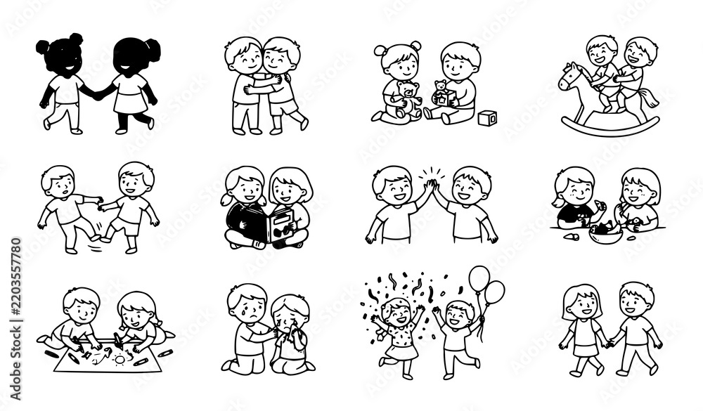 Obraz premium Kids Friendship and Love Hand Drawn Doodle Vector Set, Children Sharing Happy Moments