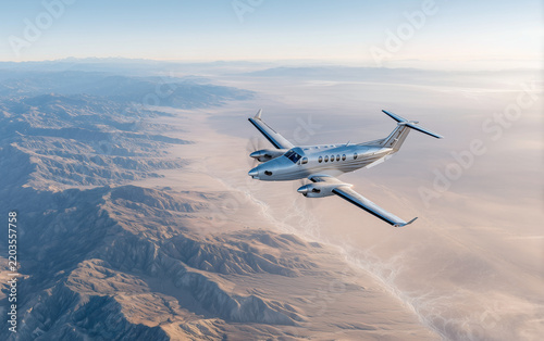 Turboprop Aircraft Cruising Above Vast Desert Landscape — Cinematic Aviation Travel Portrait

