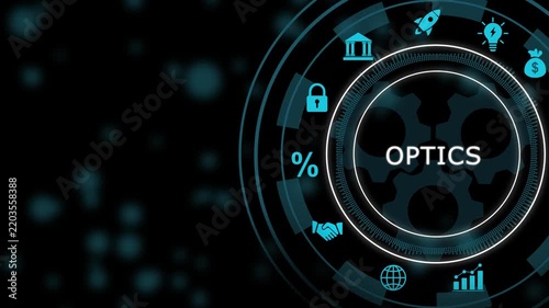 Optics business strategy concept with digital hud interface and gear mechanism animation