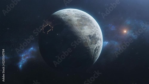 Celestial body rotation in deep space with nebulae and distant star light cinematic motion