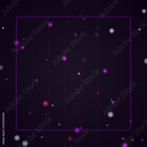 Purple square frame on dark grid background with soft glowing light particles