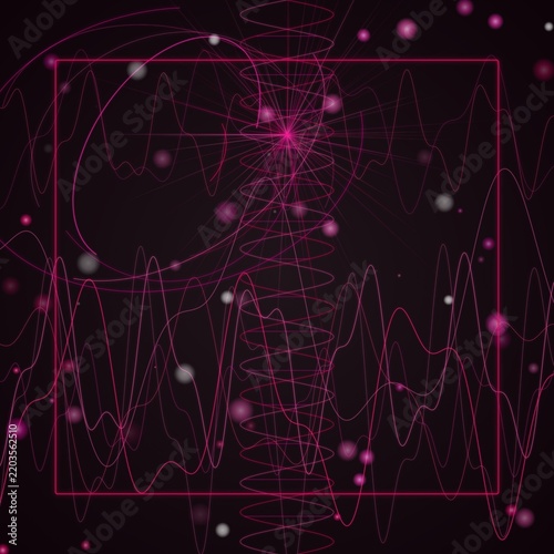 Dynamic sound wave frequency pattern with glowing pink particles in dark background