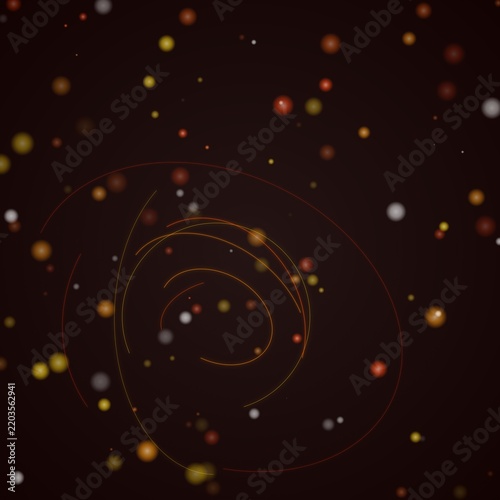 Soft glowing golden spheres and curved light paths in a dark brown nebulous space