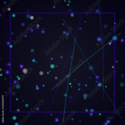 Crossing laser light beams and glowing particles in a deep dark blue cosmic void