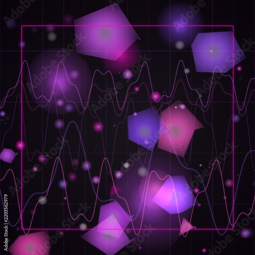 Abstract purple geometric polygons and wavy frequency lines in dark digital space