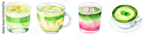 Watercolor matcha latte with gold accents and strawberry layers