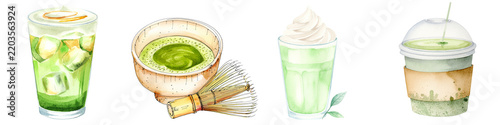 Watercolor matcha bowl with bamboo whisk and iced caramel latte