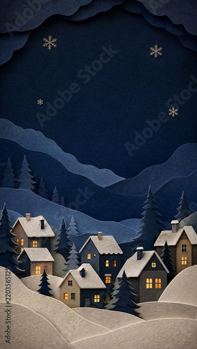 Layered Paper Cut Christmas Village With Snowy Houses and Warm Windows Under a Deep Blue Winter Sky