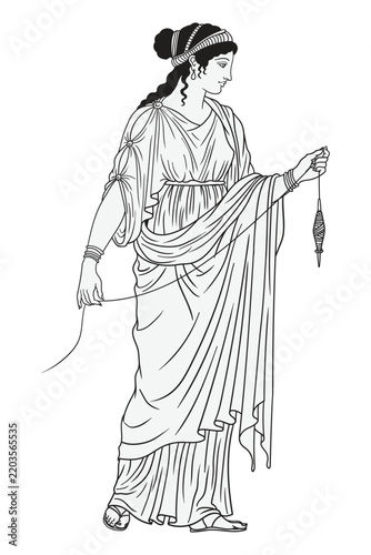 An ancient Greek woman in a tunic, holding a spindle and yarn.