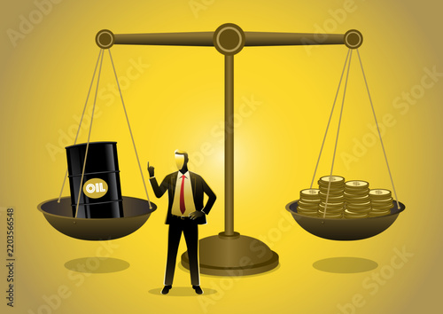 Oil Barrel and Money Coins on Balance Scale with Businessman Concept
