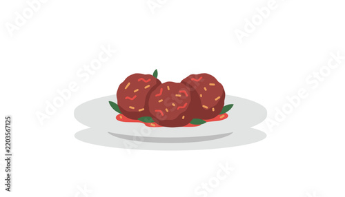 Delicious and appetizing plate of three meatballs cooked in red tomato sauce and garnished with fresh green basil leaves.