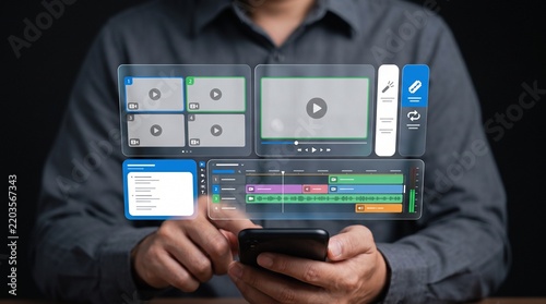 Person using a smartphone to edit with a futuristic interface displaying a timeline and clips video editing footage clips user interface mobile editing digital media content creation mobile app