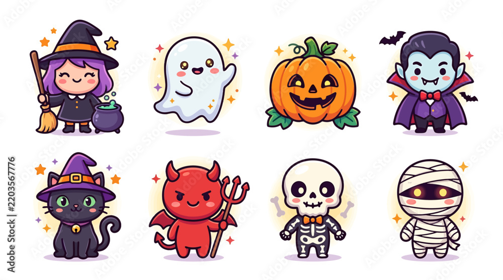 Obraz premium Cute Halloween Character Set with Kawaii Witch, Ghost, Vampire, Mummy, Skeleton, Devil and Pumpkin Illustrations