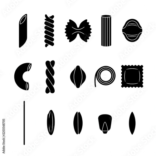Comprehensive collection of Italian pasta shapes and organic grain silhouettes featuring penne, farfalle, and ravioli icons isolated on a white background for culinary and menu design.