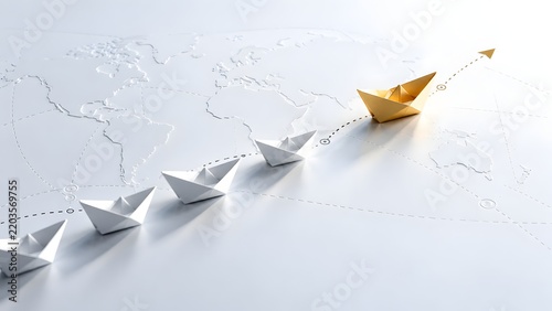 Gold paper boat leading white boats across global world map symbolizing international business leadership and strategy