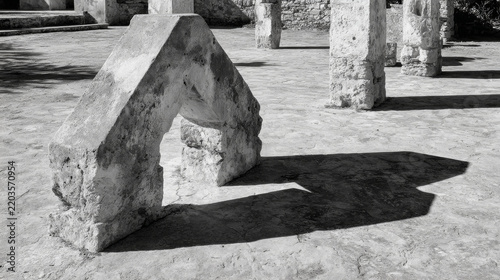 Ancient stone archway casting long shadow in ruins