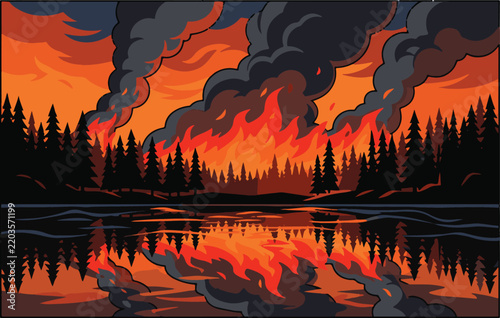 Massive Wildfire Reflecting in Lake Panoramic Illustration
