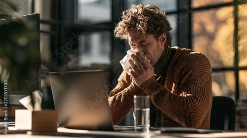 Man sits at desk, wiping nose with tissue