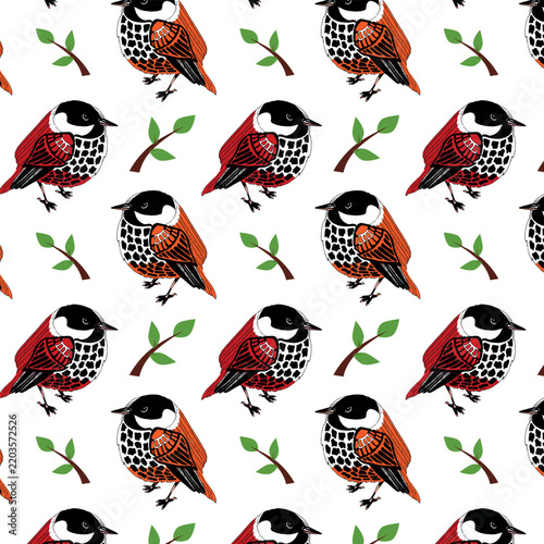 The image shows a seamless pattern featuring graphic illustrations of birds and twigs with green leaves on a white background.