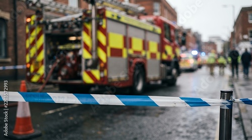 Emergency fire truck at urban incident scene, red fire engine behind blue police tape, first responders working at city street accident