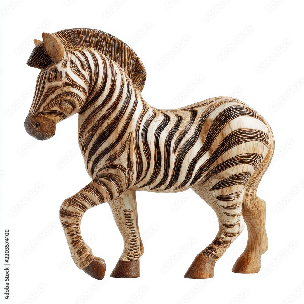 Fototapeta premium Carved Wooden Zebra Figurine With Intricate Texture And Striped Pattern Isolated On White Background