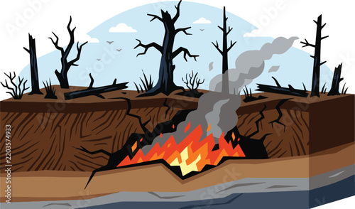 Peatland Fire Cross Section Illustration Underground Wildfire