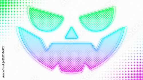 Neon Green-Blue-Purple Ombre Spooky Halloween Smile Outline Futuristic Digital Glow Halftone Illustration