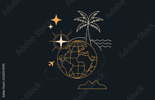 Tropical Island Travel Line Art Vector | Celestial Globe & Palm Tree Line Illustration