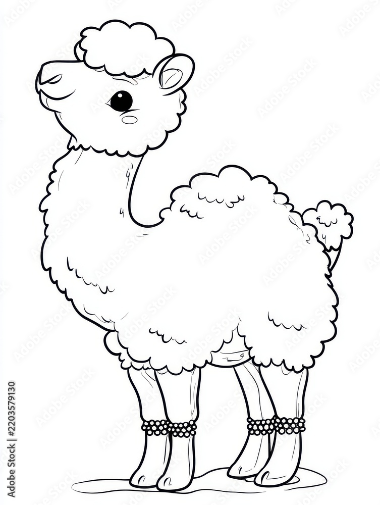 Fototapeta premium Cute Cartoon Alpaca Line Art Drawing With Woolly Texture On Clean White Background