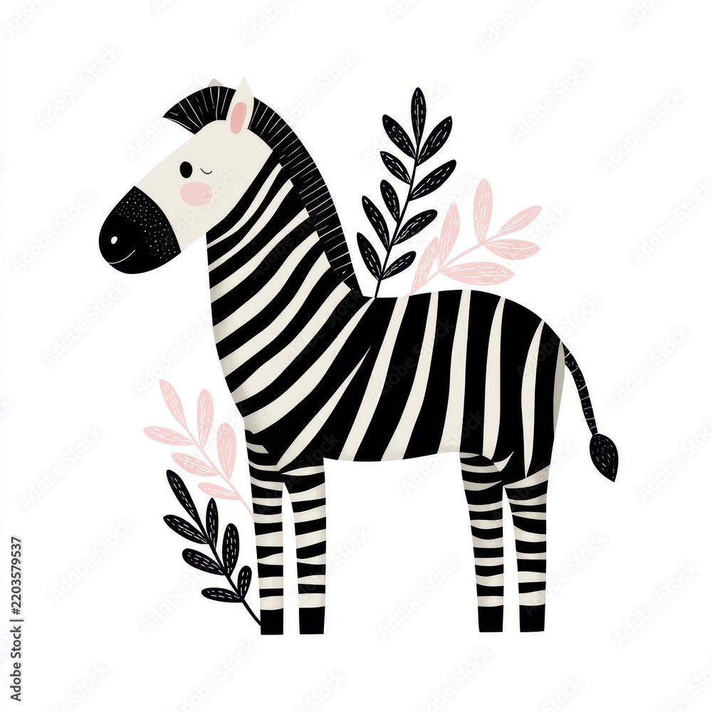 Fototapeta premium Cute Cartoon Zebra Illustration With Minimalist Black And White Stripes And Soft Pastel Pink Leaves