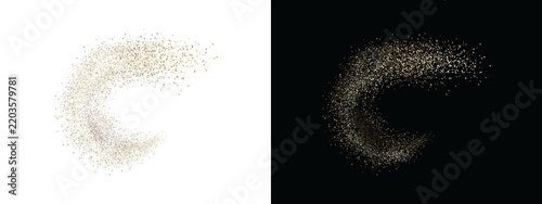 Abstract golden glitter particles swirl isolated on transparent background and black background luxury gold dust trail, sparkling magic stardust, festive glowing confetti element for design