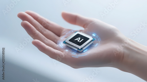 Hand holding ai chip with blue glow