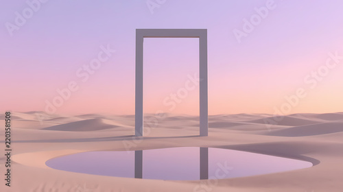 Gray geometric door frame reflected in water