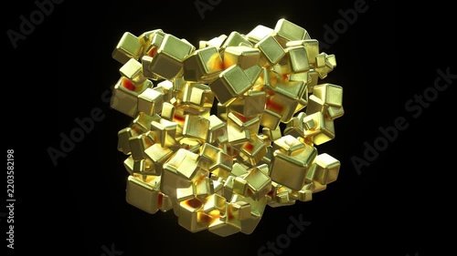 A 3D seamless loop animation of many Golden brilliant  cubes transformer sizes and rotate as procedural geometric 3d render motion graphic and concept art on dark black background.