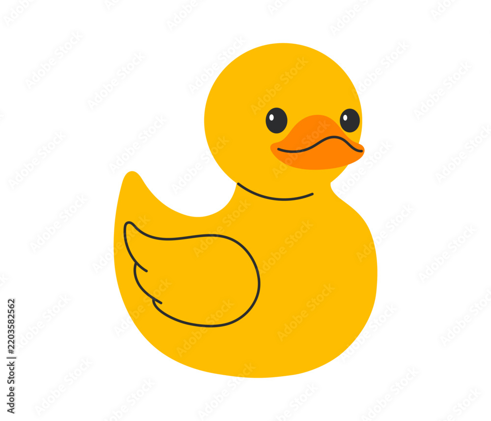 Fototapeta premium Smiling yellow rubber duck facing forward with orange beak, cheerful bath toy icon for kids design. Flat vector illustration