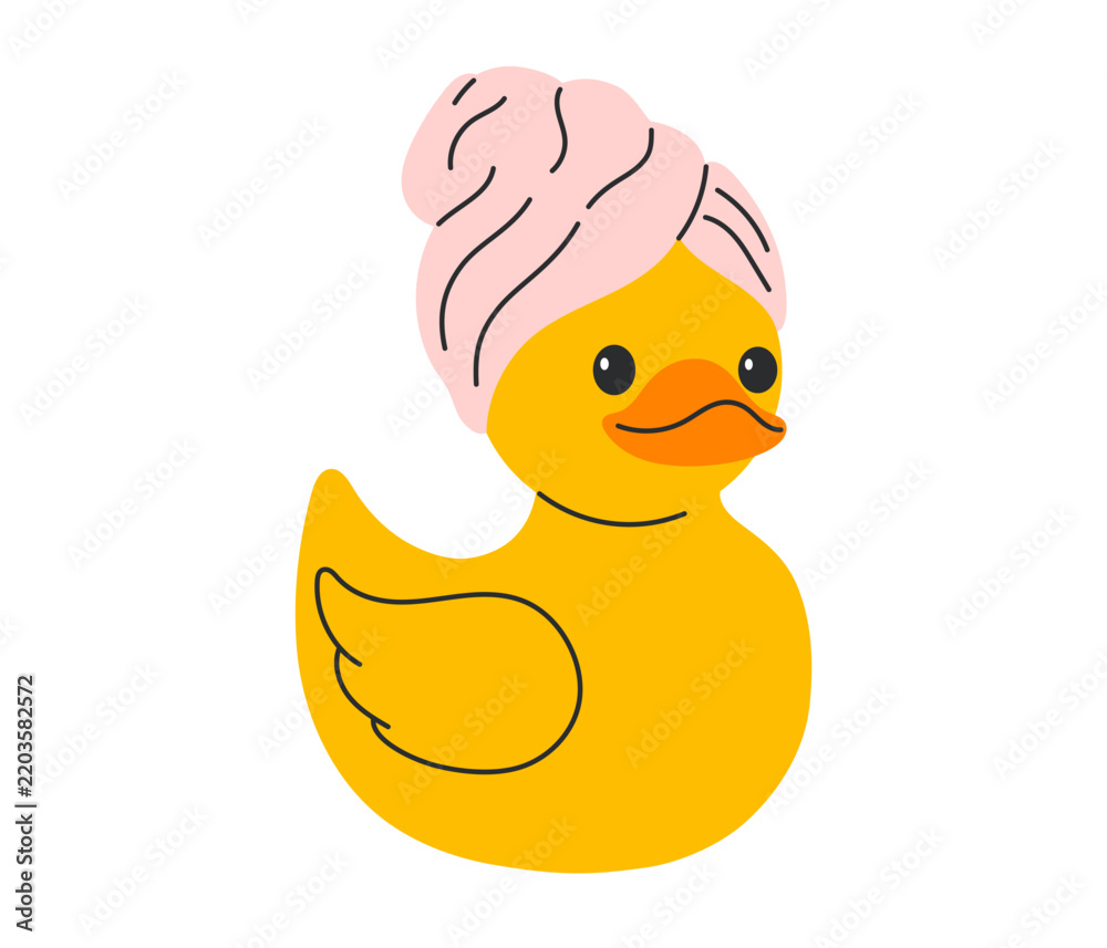 Fototapeta premium Yellow rubber duck wrapped in pink towel turban after bath, cute spa self-care icon for kids design. Flat vector illustration