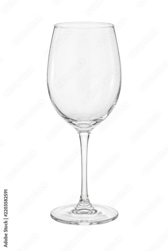 Obraz premium Empty clear transparent elegant wine glass stands upright with a long stem on a white background, ready for use