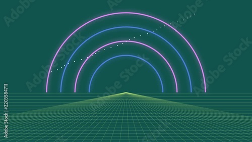 Futuristic Cyber Grid Background With Glowing Neon Arches and Motion Dots, Digital Sci Fi Loop Animation