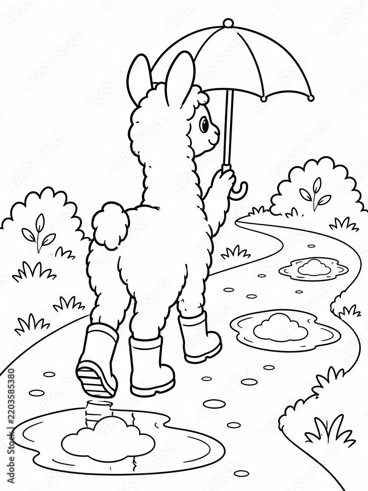 Fototapeta premium Cute cartoon llama wearing boots holding umbrella walking through puddles, kids educational weather science activity coloring page vector